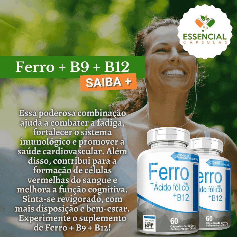 Kit com 3 Potes Ferro - B9 - B12 500mg 60 Cápsulas