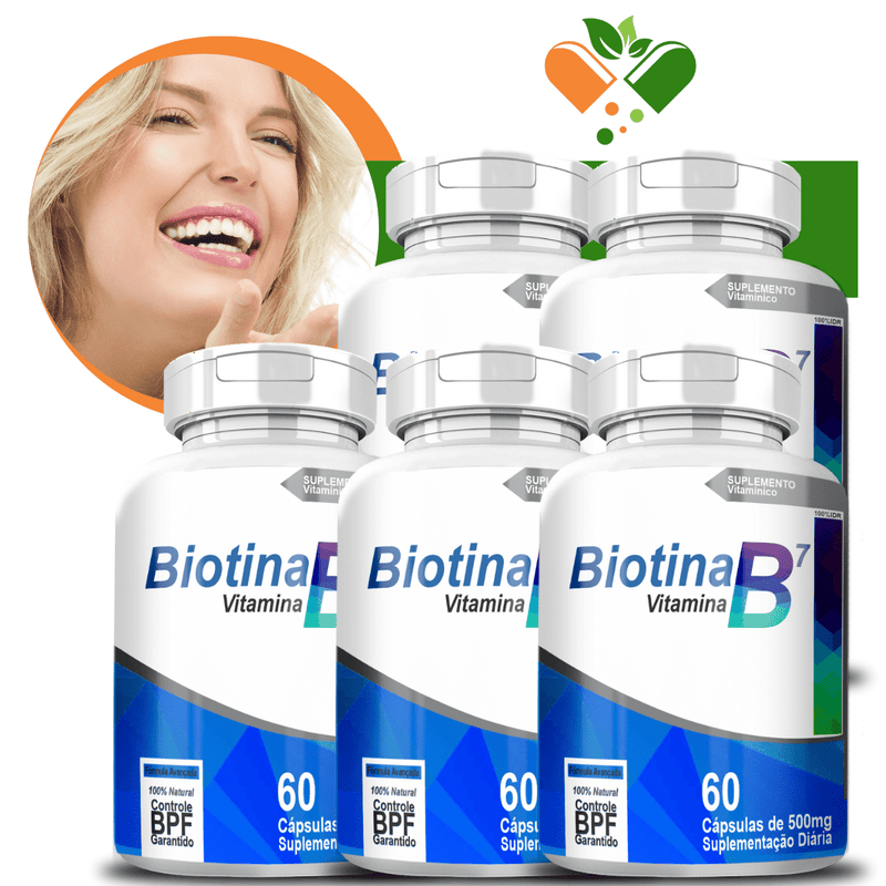 Kit com 5 Potes Biotina B7 500mg 60 Cápsulas