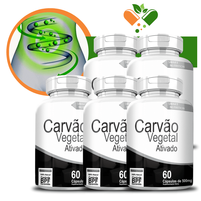 Kit com 5 Potes Carvão Vegetal 500mg 60 Cápsulas