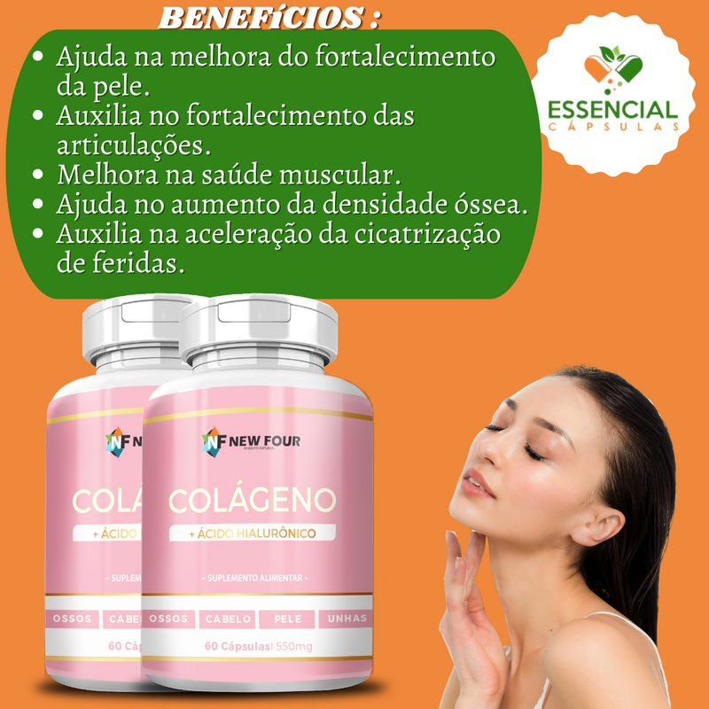 Kit Com  3 Potes Colágeno + Ácido Hialurônico 550mg 60 Cápsulas