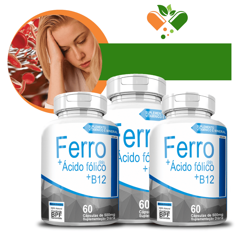 Kit com 3 Potes Ferro - B9 - B12 500mg 60 Cápsulas