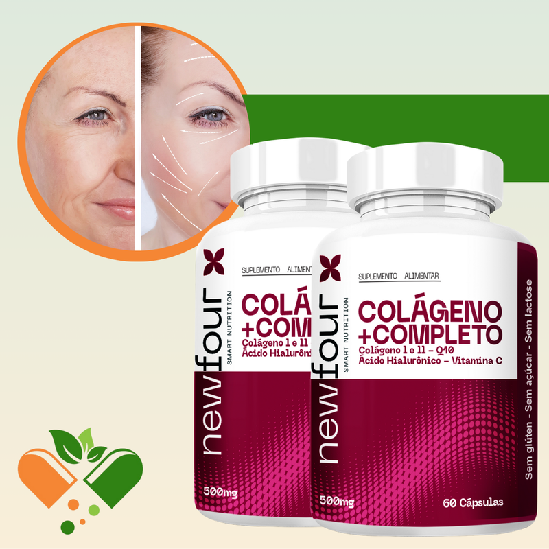 COLÁGENO + COMPLETO - COLÁGENO I E II , Q10 , ÁCIDO HIALURÔNICO , VITAMINA C KIT COM 2 POTES COM TOTAL DE 120 CAPSULAS