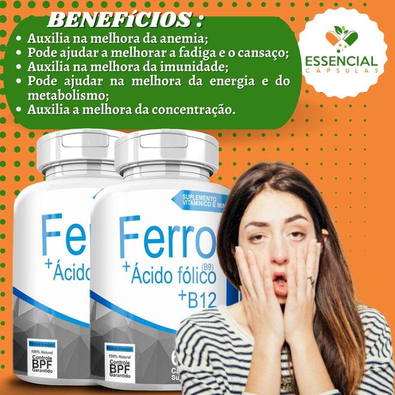 Kit com 5 Potes Ferro - B9 - B12 500mg 60 Cápsulas