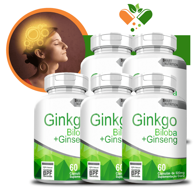 Kit com 5 Ginkgo Biloba C/ Ginseng 500mg 60 Cápsulas