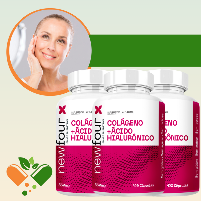 COLÁGENO + ÁCIDO HIALURÔNICO KIT COM 3 POTES COM TOTAL DE 360 CAPSULAS