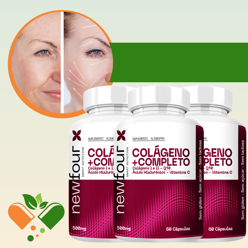 COLÁGENO + COMPLETO - COLÁGENO I E II , Q10 , ÁCIDO HIALURÔNICO , VITAMINA C KIT COM 3 POTES COM TOTAL DE 180 CAPSULAS