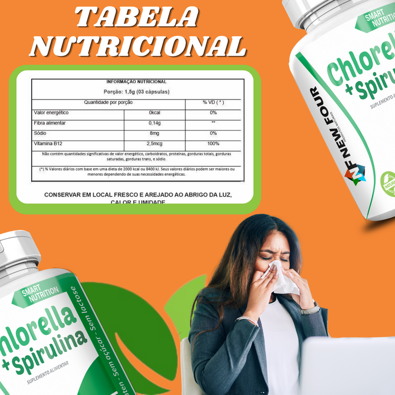 Kit Com 3 Potes Chlorella + Spirulina 500mg 60 Cápsulas