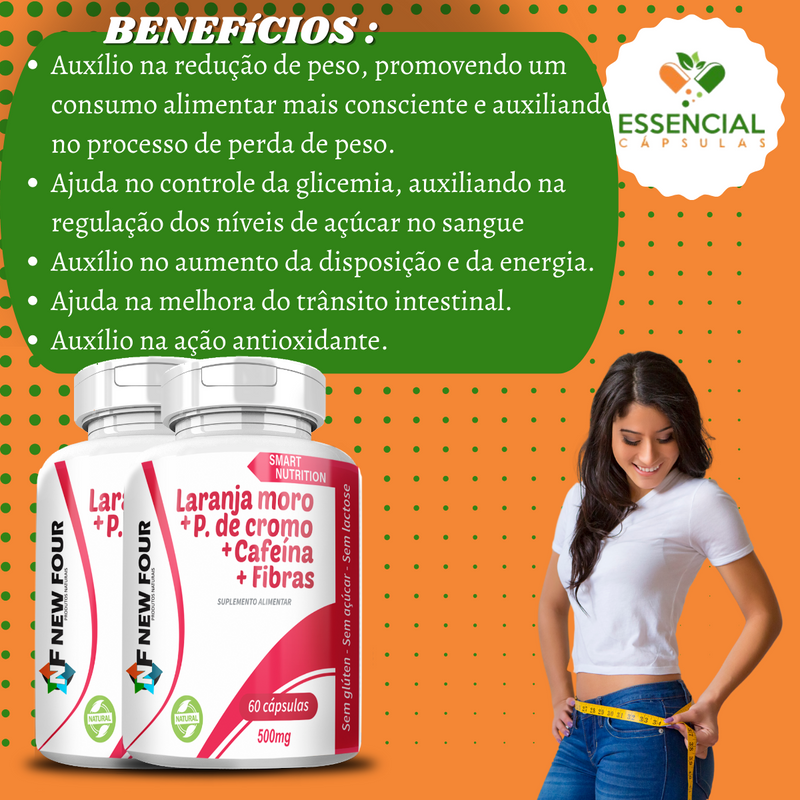 LARANJA MORO + P. DE CROMO + CAFEíNA +FIBRAS 500mg 60 Cápsulas