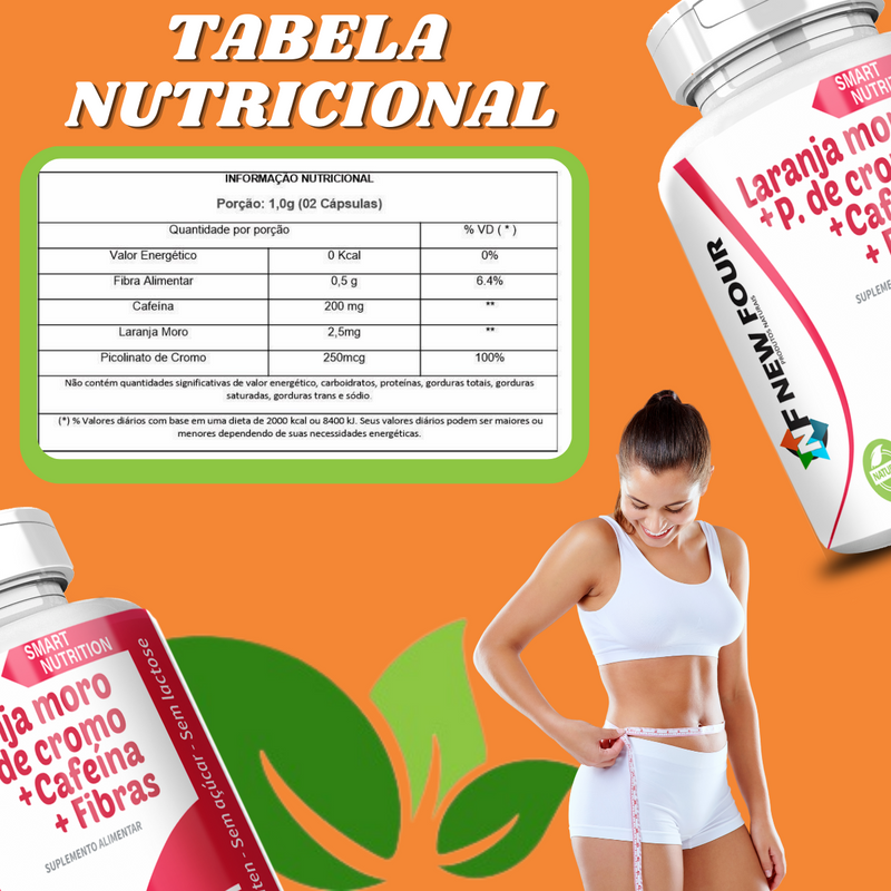 LARANJA MORO + P. DE CROMO + CAFEíNA +FIBRAS 500mg 60 Cápsulas