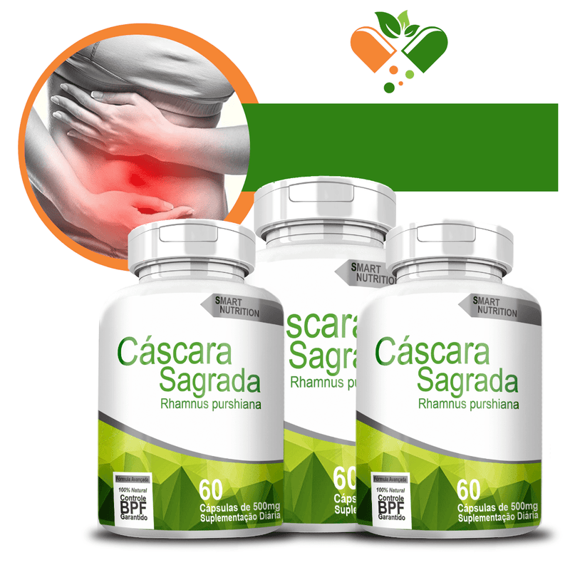 Kit com 3 Potes Cascara Sagrada 500mg 60 Cápsulas