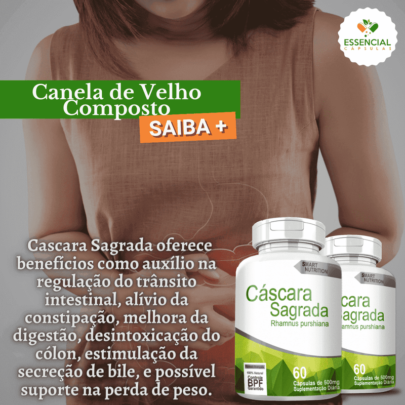 Kit com 3 Potes Cascara Sagrada 500mg 60 Cápsulas