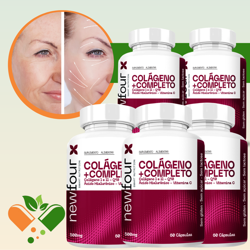 COLÁGENO + COMPLETO - COLÁGENO I E II , Q10 , ÁCIDO HIALURÔNICO , VITAMINA C KIT COM 5 POTES COM TOTAL DE 300 CAPSULAS