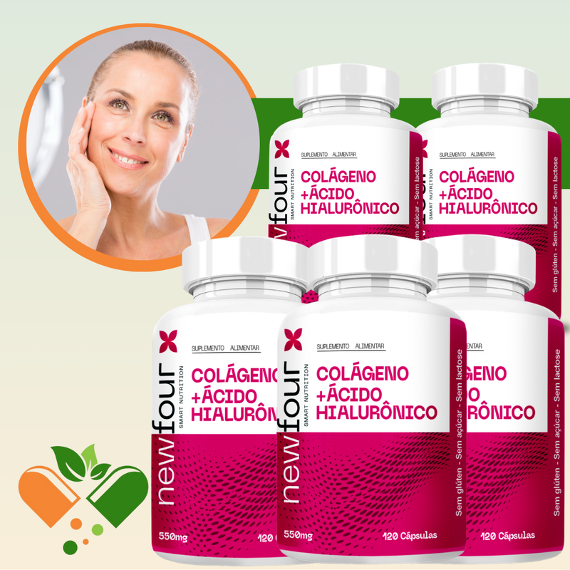 COLÁGENO + ÁCIDO HIALURÔNICO KIT COM 5 POTES COM TOTAL DE 600 CAPSULAS