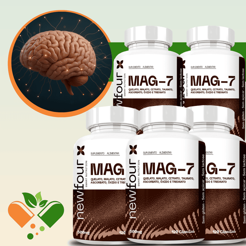 MAG-7 QUELATO + MALATO+ CITRATO +TAURATO + ASCORBATO + OXIDO E TREONATO KIT COM 5 POTES COM TOTAL DE 600 CAPSULAS