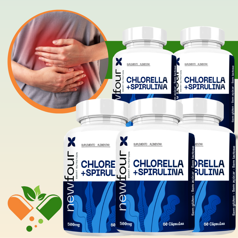 CHLORELLA + SPIRULINA KIT COM 5 POTES COM TOTAL DE 300 CAPSULAS