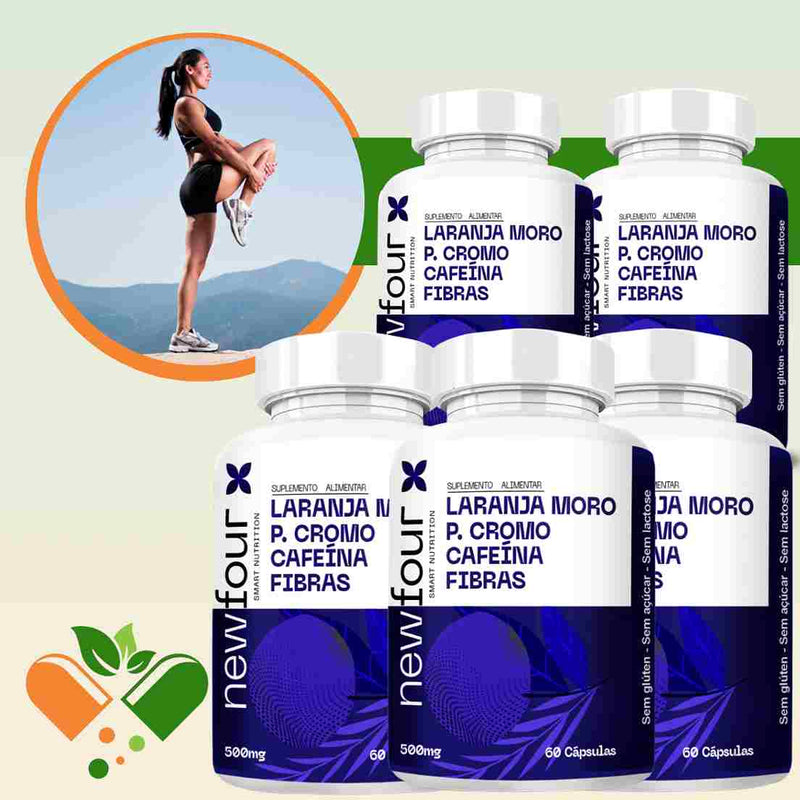 LARANJA MORO + PICOLINATO DE CROMO + CAFÉINA + FIBRAS KIT COM 5 POTES COM TOTAL DE 300 CAPSULAS
