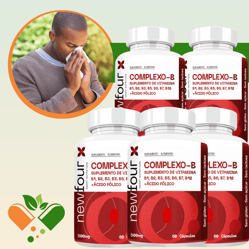 COMPLEXO-B SUPLEMENTO DE VITAMINA B1, B2, B3, B5, B6, B7, B12 + ÁCIDO FÓLICO KIT COM 5 POTES COM TOTAL DE 300 CAPSULAS