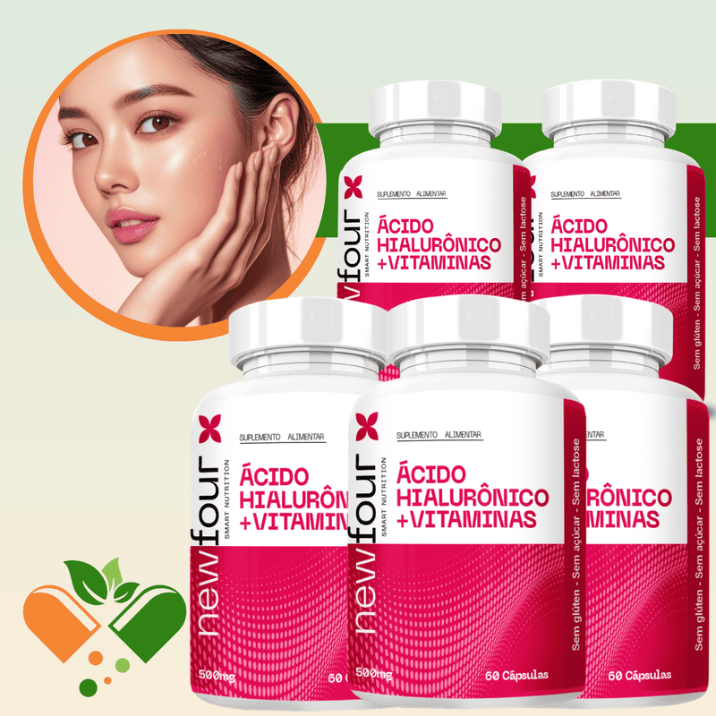 ÁCIDO HIALURÔNICO + VITAMINAS A , B5 ,  C , E KIT COM 5 POTES COM TOTAL DE 300 CAPSULAS