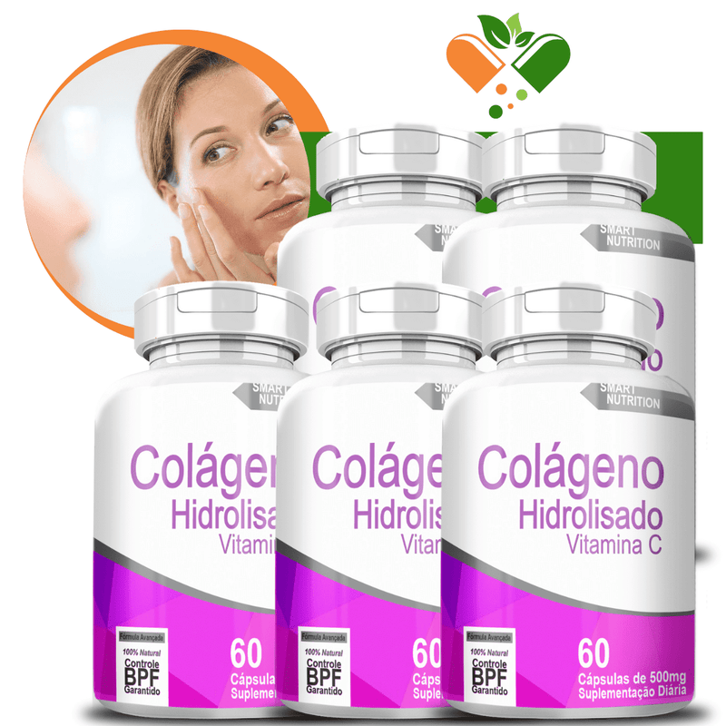 Kit 5 Potes Colágeno Hidrolisado + Vitamina C  de 500mg 60Cáp