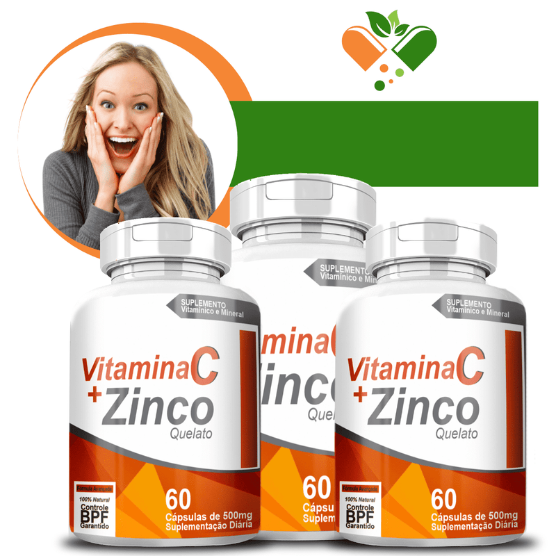 Kit com 3 Potes Vitamina C + Zinco 500mg C/60 Cápsulas