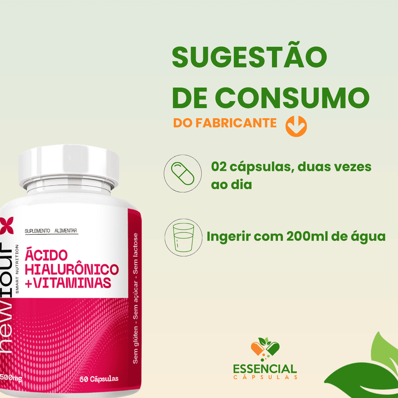 ÁCIDO HIALURÔNICO + VITAMINAS A , B5 ,  C , E KIT COM 5 POTES COM TOTAL DE 300 CAPSULAS
