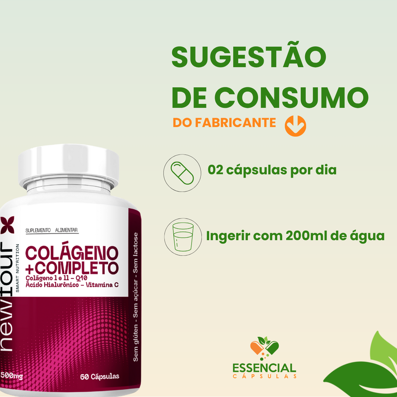 COLÁGENO + COMPLETO - COLÁGENO I E II , Q10 , ÁCIDO HIALURÔNICO , VITAMINA C KIT COM 3 POTES COM TOTAL DE 180 CAPSULAS