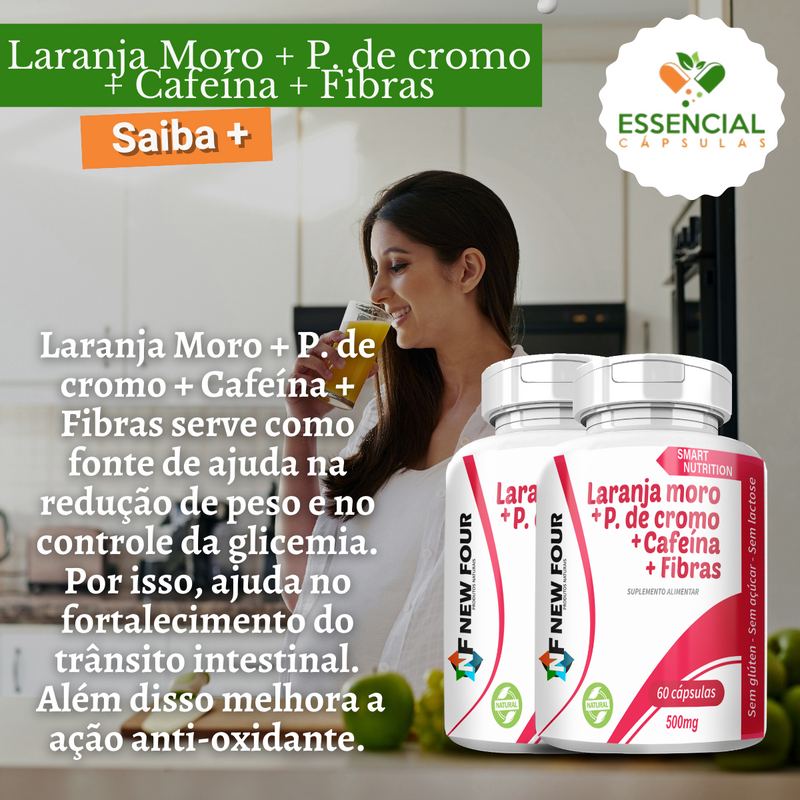 LARANJA MORO + P. DE CROMO + CAFEíNA +FIBRAS 500mg 60 Cápsulas