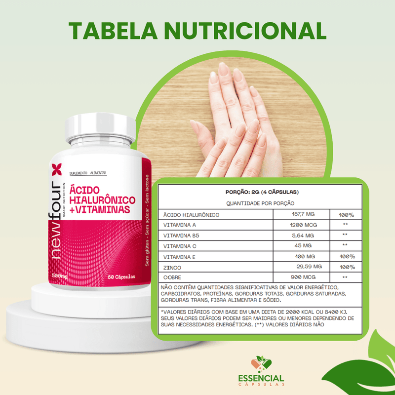 ÁCIDO HIALURÔNICO + VITAMINAS A , B5 ,  C , E KIT COM 5 POTES COM TOTAL DE 300 CAPSULAS
