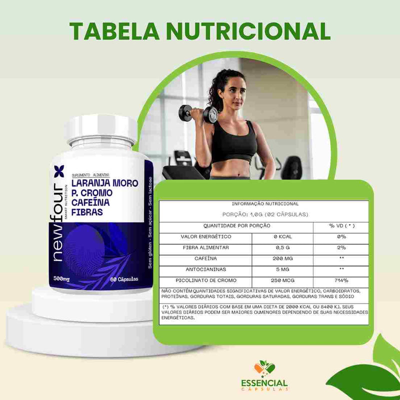 LARANJA MORO + PICOLINATO DE CROMO + CAFÉINA + FIBRAS 60 CÁPSULAS