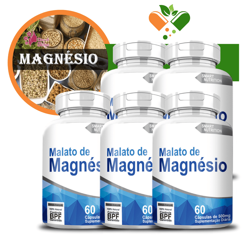 Kit com 5 Malato de Magnésio 500mg 60 Cápsulas