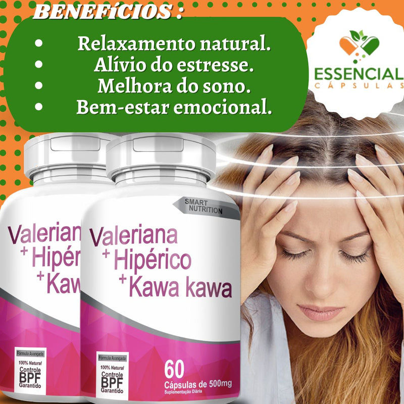 KIT COM 3 VALERIANA + KAWA KAWA + HIPÉRICO 500MG 60 CÁPSULAS