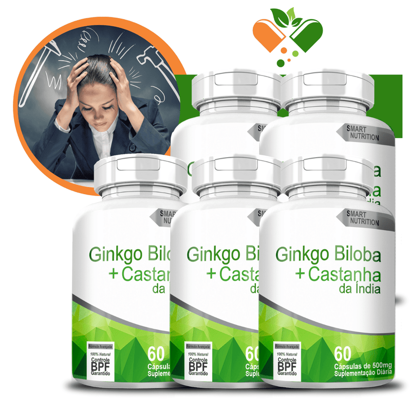 Kit com 5 Ginkgo Biloba Com Castanha Da Índia 500mg 60 Cápsulas