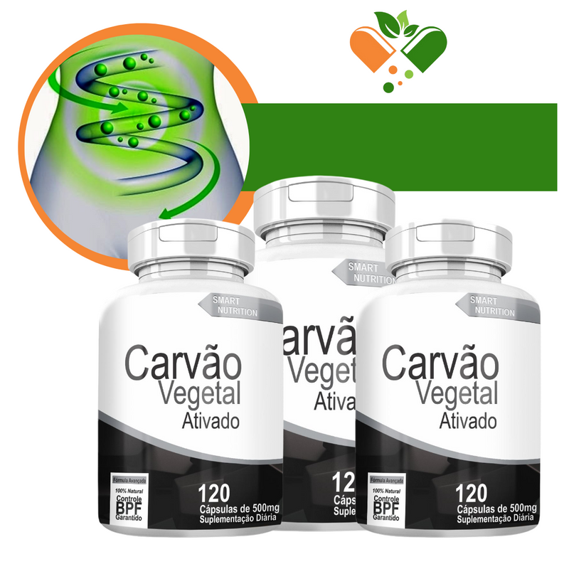 Kit com 3 Potes Potes Carvão Vegetal 500mg 120 Cápsulas