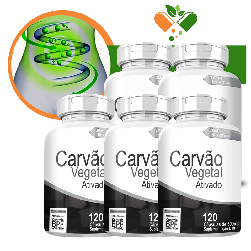 Kit com 5 Potes Potes Carvão Vegetal 500mg 120 Cápsulas