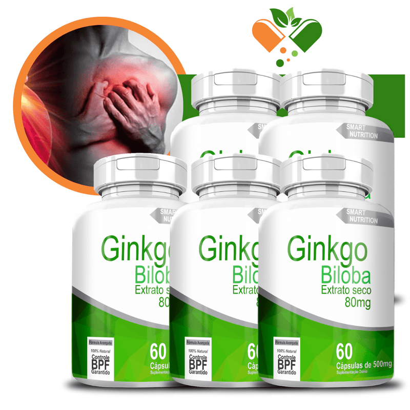 Kit com 5 Ginkgo Biloba Extrato Seco ( 80mg ) 500mg 60 Cápsulas