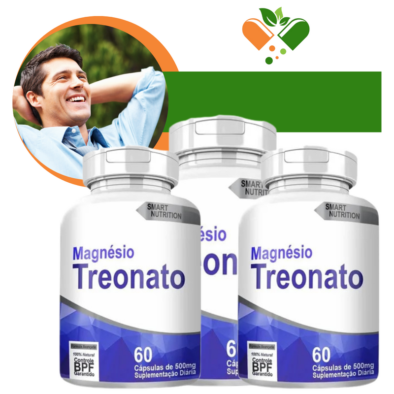 Kit com 3 Potes Magnésio Treonato 500mg 60 Cápsulas