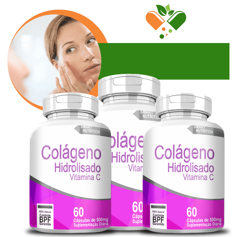 Kit com 3 Potes Colágeno Hidrolisado + Vitamina C - de 500mg 60Cáp