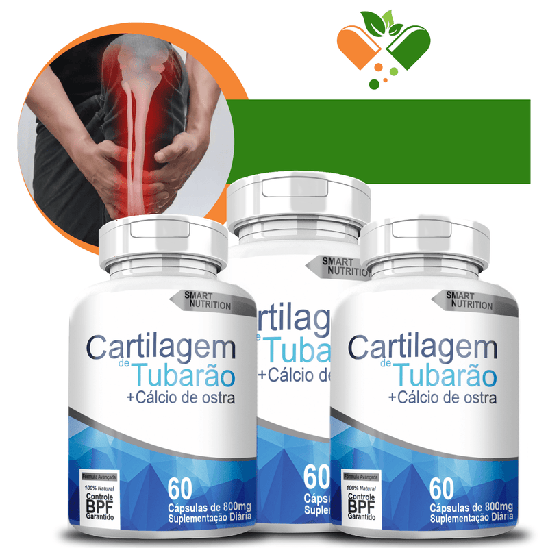 Kit com 3 Potes Cartilagem De Tubarão C/ Cálcio De Ostra 800mg 60 Cápsulas